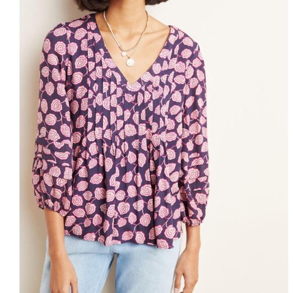 Anthropologie Tops - Maeve for Anthropologie Cathy Pleated Top Womens Medium Plum Floral Puff Sleeves